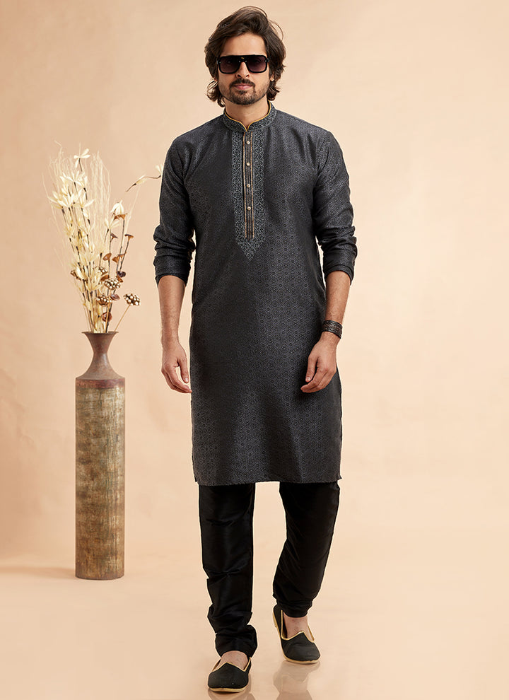 Jacquard Art Silk Black Festival Wear Machine Work Readymade Kurta Pajama