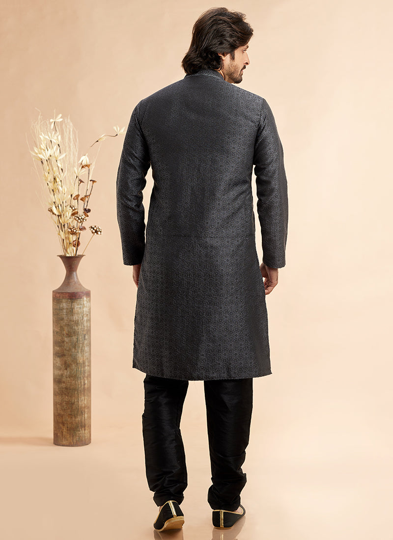 Jacquard Art Silk Black Festival Wear Machine Work Readymade Kurta Pajama