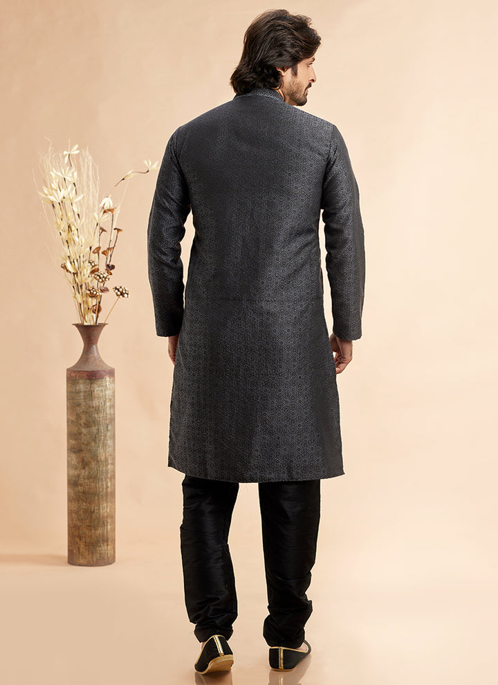 Jacquard Art Silk Black Festival Wear Machine Work Readymade Kurta Pajama