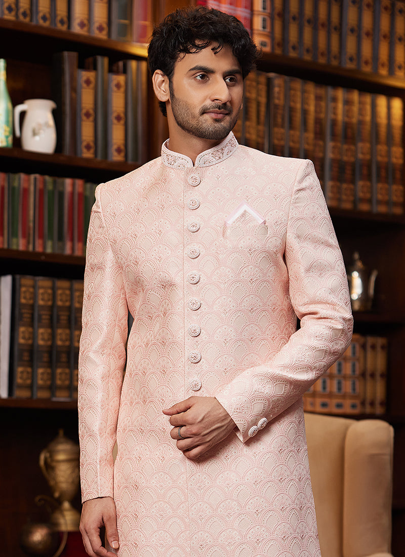 Jacquard Silk Peach Wedding Wear Hand Work Readymade Sherwani