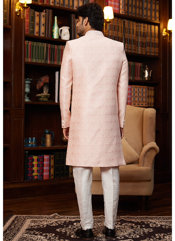 Jacquard Silk Peach Wedding Wear Hand Work Readymade Sherwani