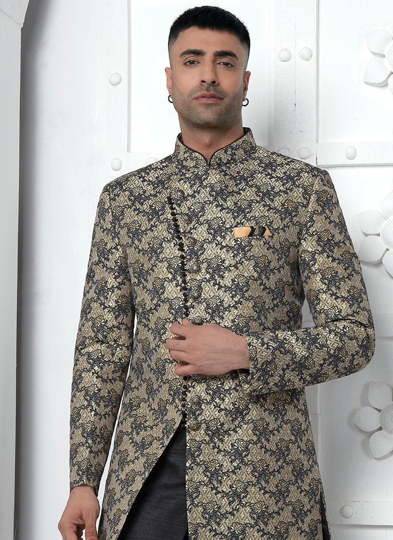 Black Jaquard Silk Party Wear Pattern Pc Work Readymade Mens Indo Western