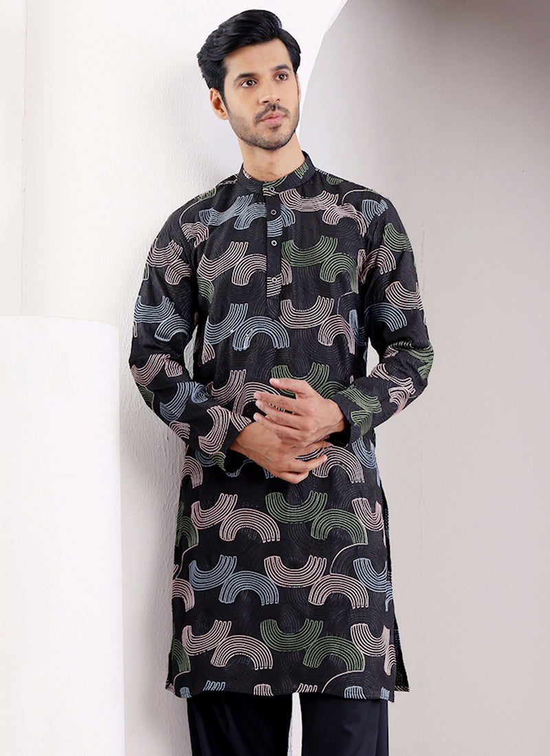 Linen Black Traditional Wear Embroidery Work Readymade Kurta Pajama