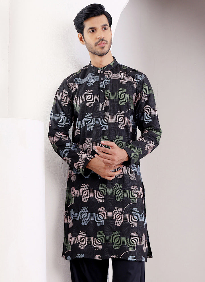 Linen Black Traditional Wear Embroidery Work Readymade Kurta Pajama