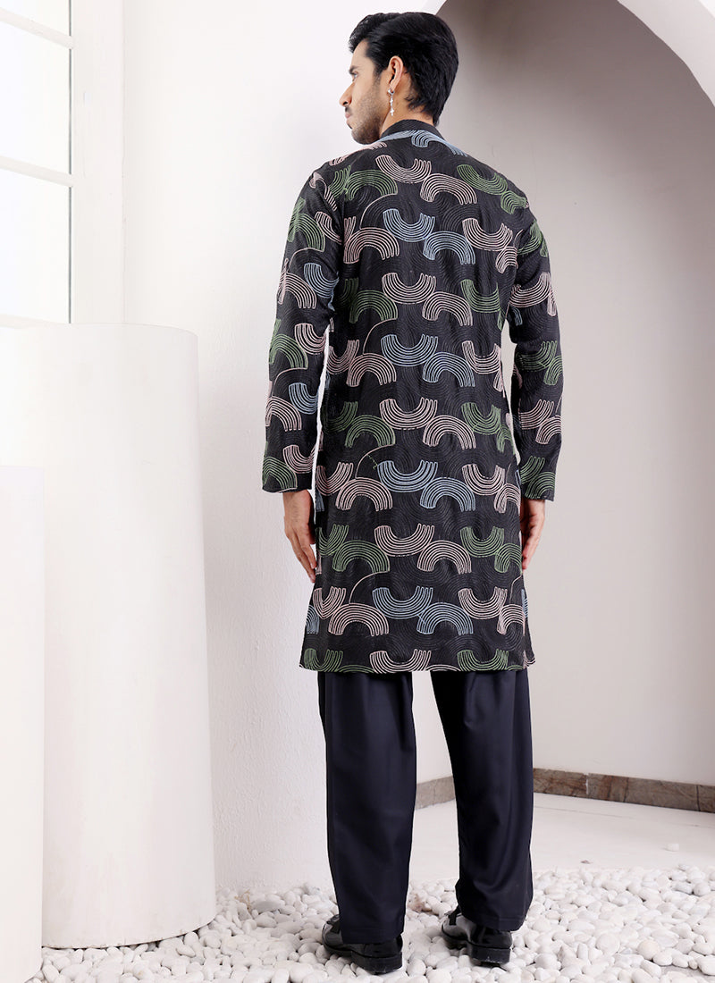 Linen Black Traditional Wear Embroidery Work Readymade Kurta Pajama