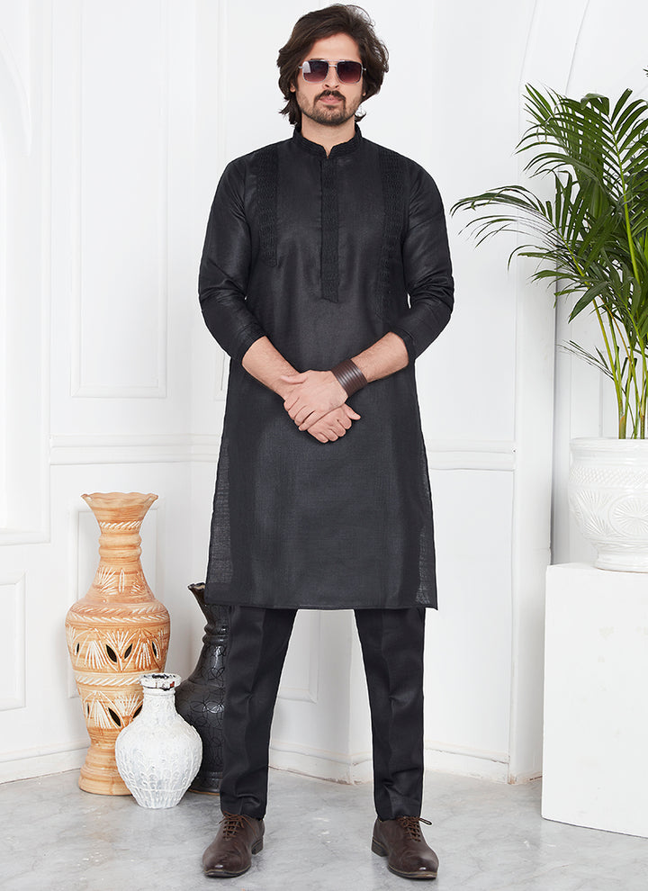 Linen Cotton Black Festival Wear Pintux Kurta Pajama