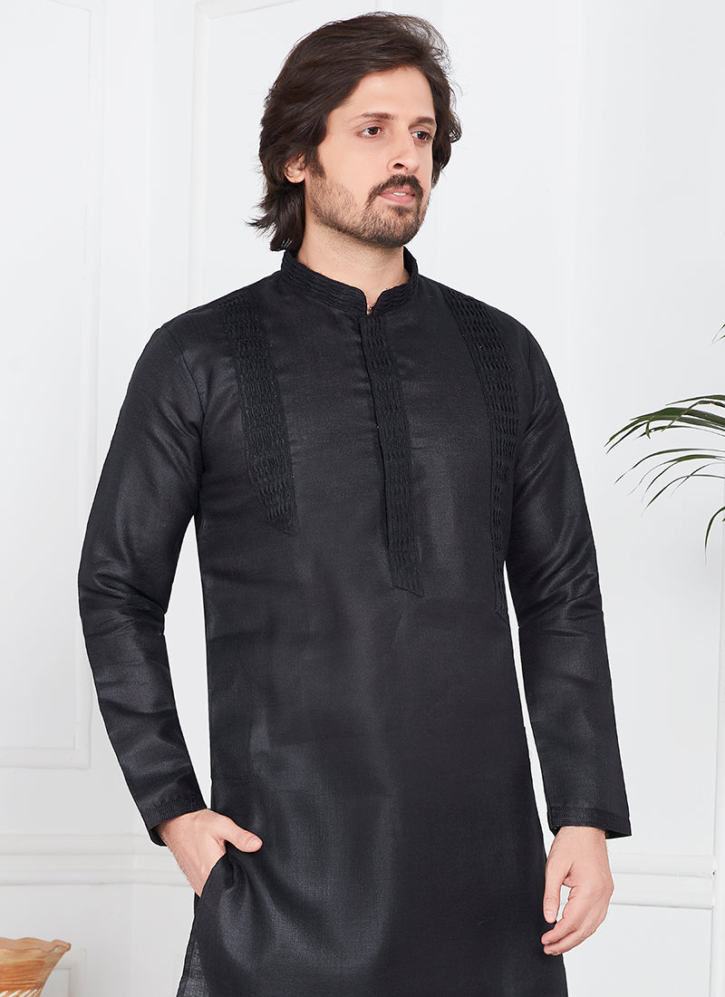 Linen Cotton Black Festival Wear Pintux Kurta Pajama