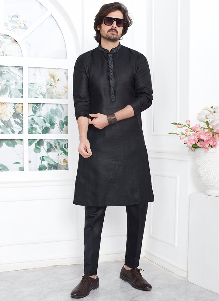 Linen Cotton Black Traditional Wear Thread Work Kurta Pajama
