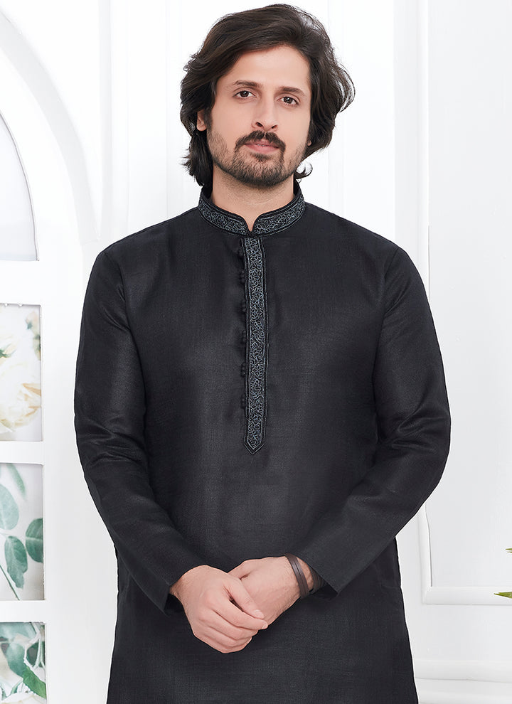 Linen Cotton Black Traditional Wear Thread Work Kurta Pajama
