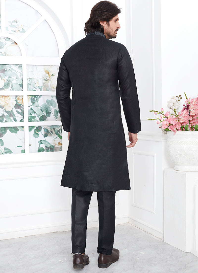 Linen Cotton Black Traditional Wear Thread Work Kurta Pajama