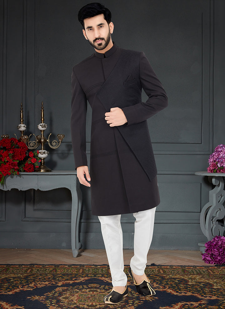 Black Navy Blue Tarry Rayon Traditional Wear Weaving Italian Indo Western