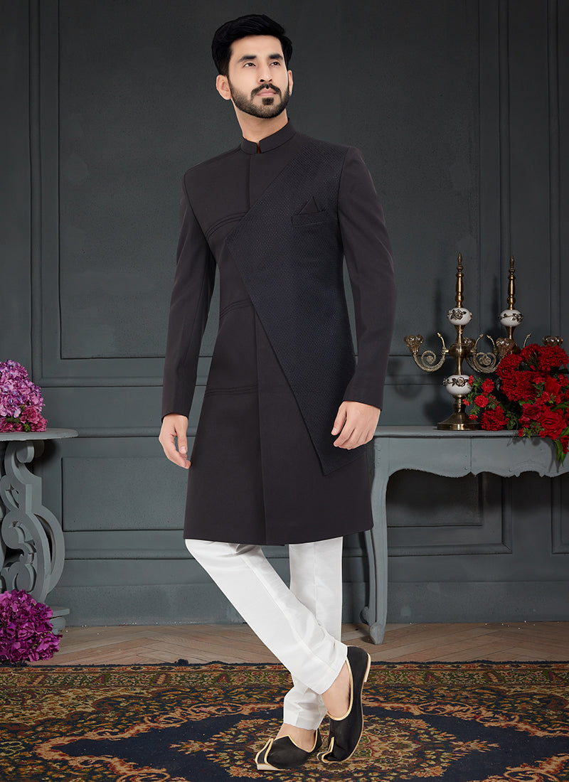 Black Navy Blue Tarry Rayon Traditional Wear Weaving Italian Indo Western