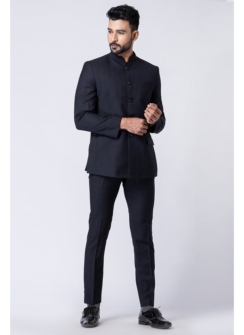 Polyester Tr Black Party Wear Pattern Pc Readymade Jodhpuri Suit