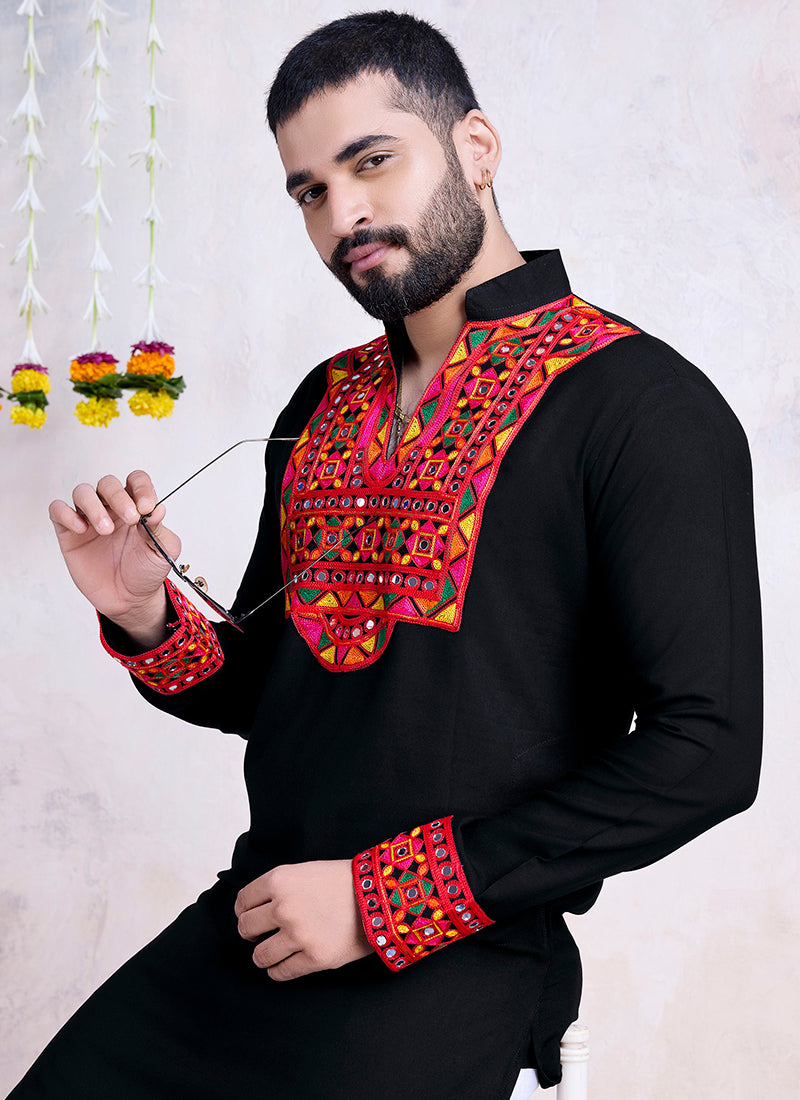 Rayon Black Navratri Wear Embroidery Work Readymade Kurta