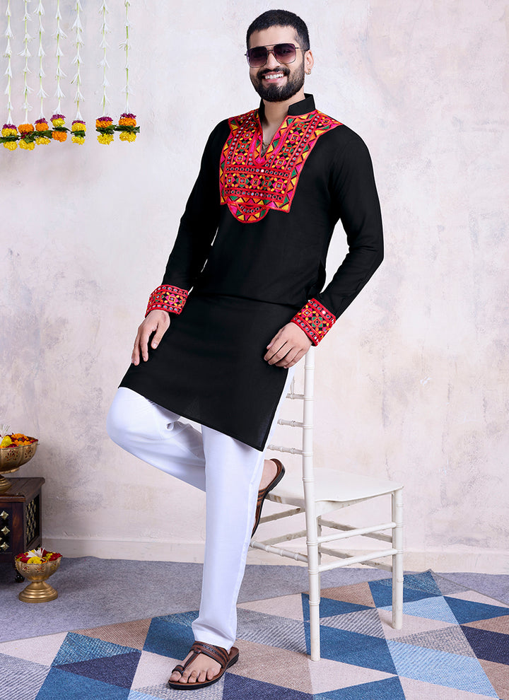 Rayon Black Navratri Wear Embroidery Work Readymade Kurta