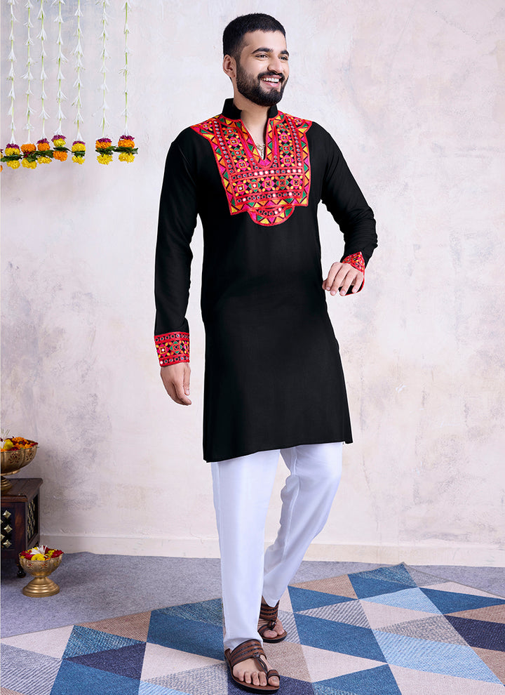 Rayon Black Navratri Wear Embroidery Work Readymade Kurta
