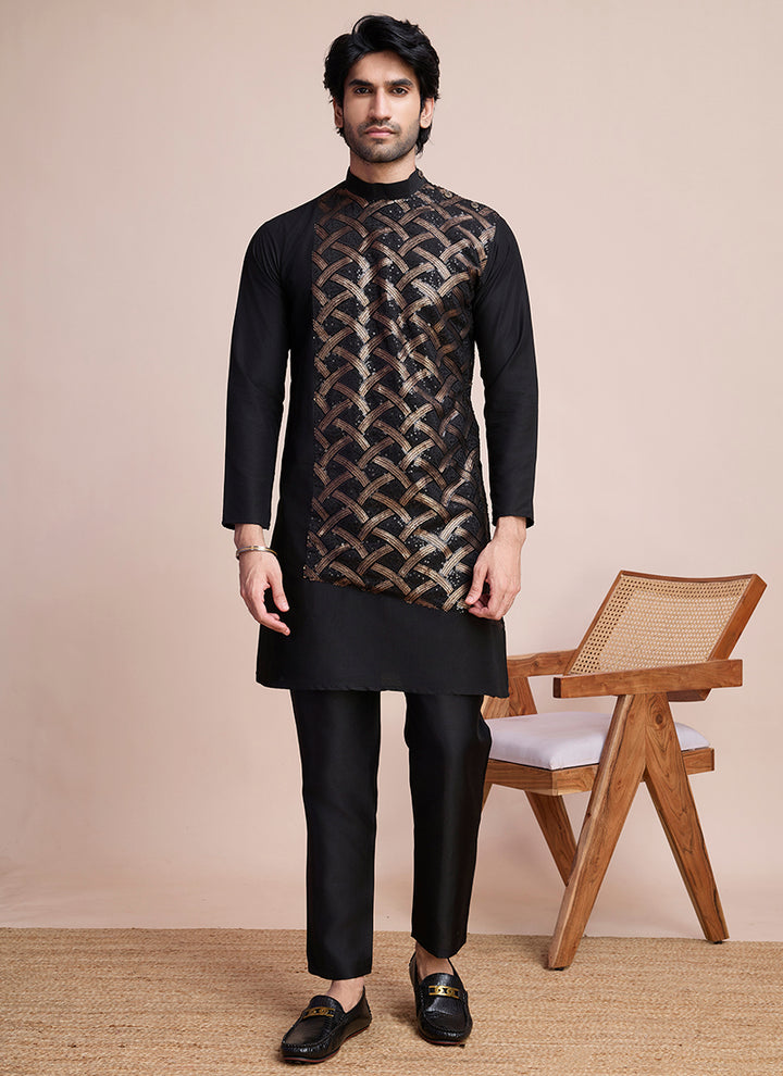 Silk Black Eid Wear Embroidery Work Readymade Kurta Pajama