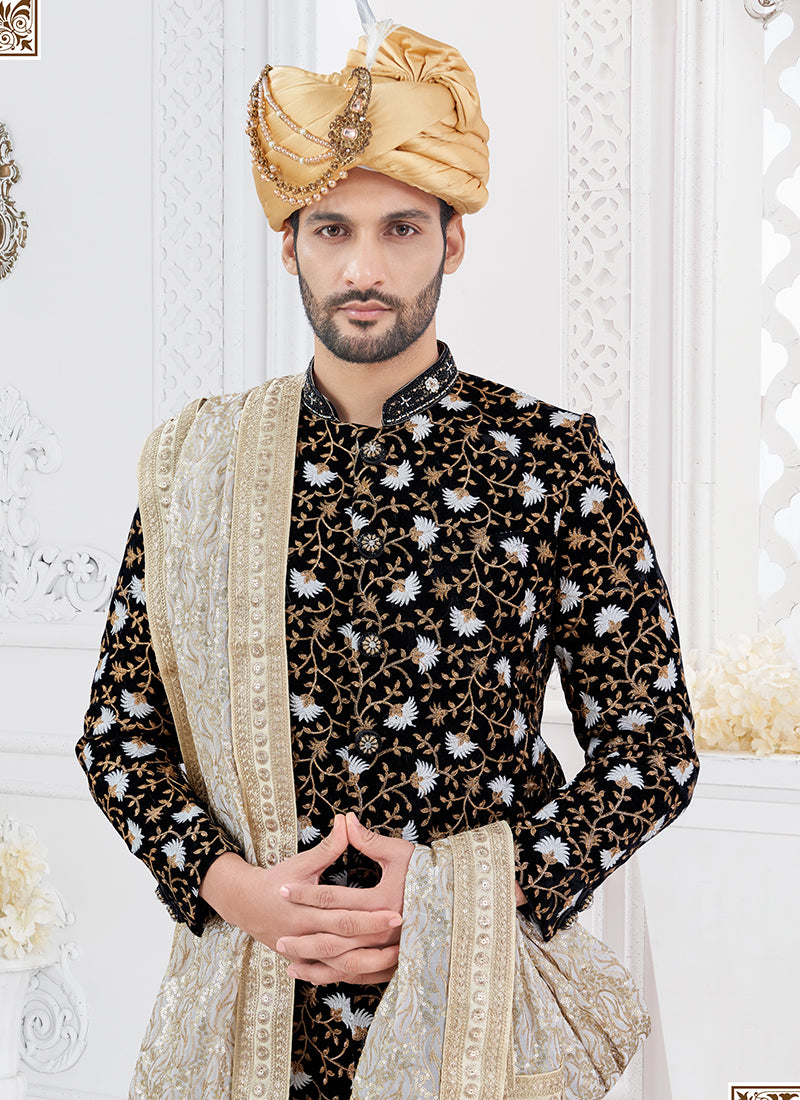 Silk Black Groom Wear Hand Work Readymade Sherwani With Turban