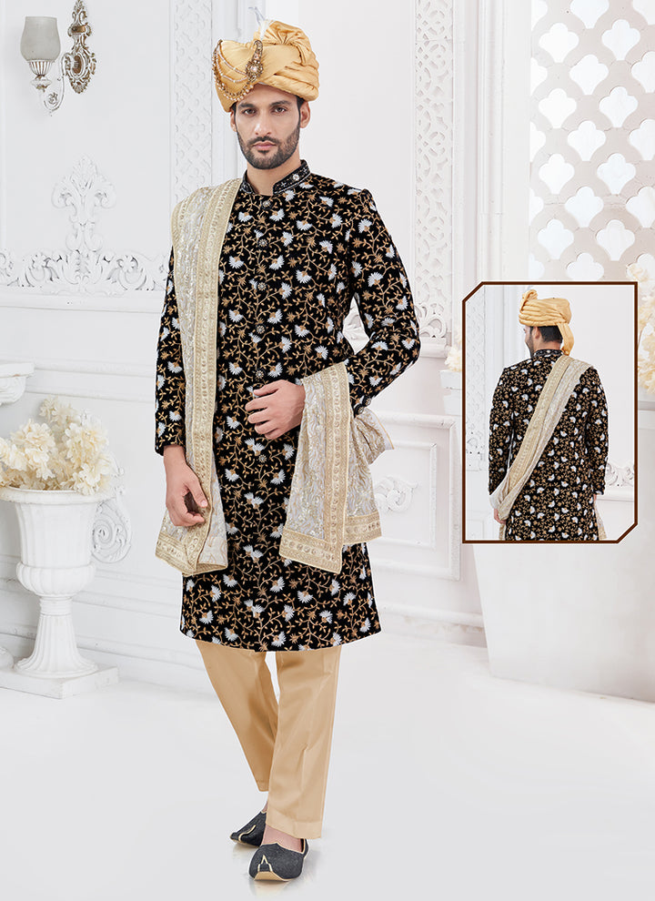 Silk Black Groom Wear Hand Work Readymade Sherwani With Turban