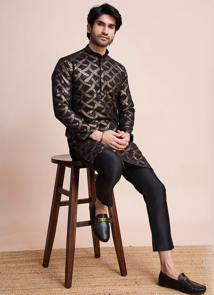 Silk Black Party Wear Sequins Work Readymade Kurta