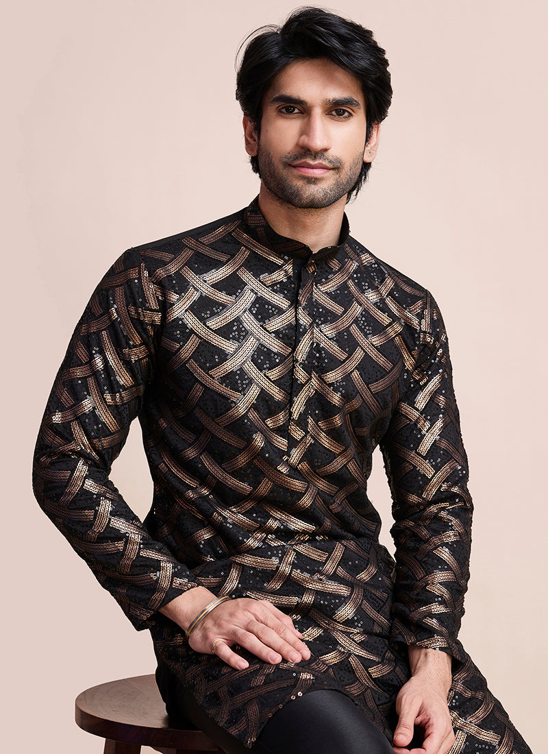 Silk Black Party Wear Sequins Work Readymade Kurta
