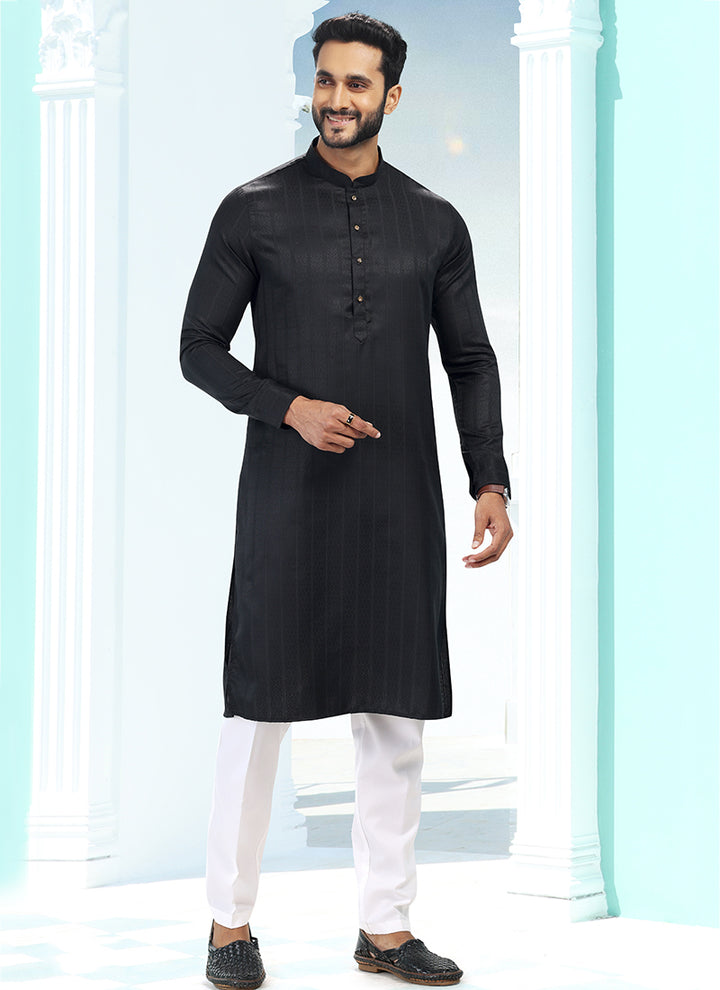 Black Silk Traditional Wear Weaving Kurta Pajama