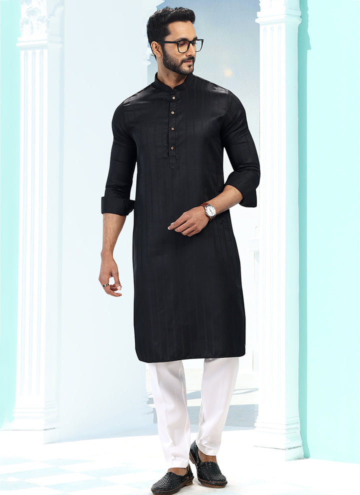 Black Silk Traditional Wear Weaving Kurta Pajama