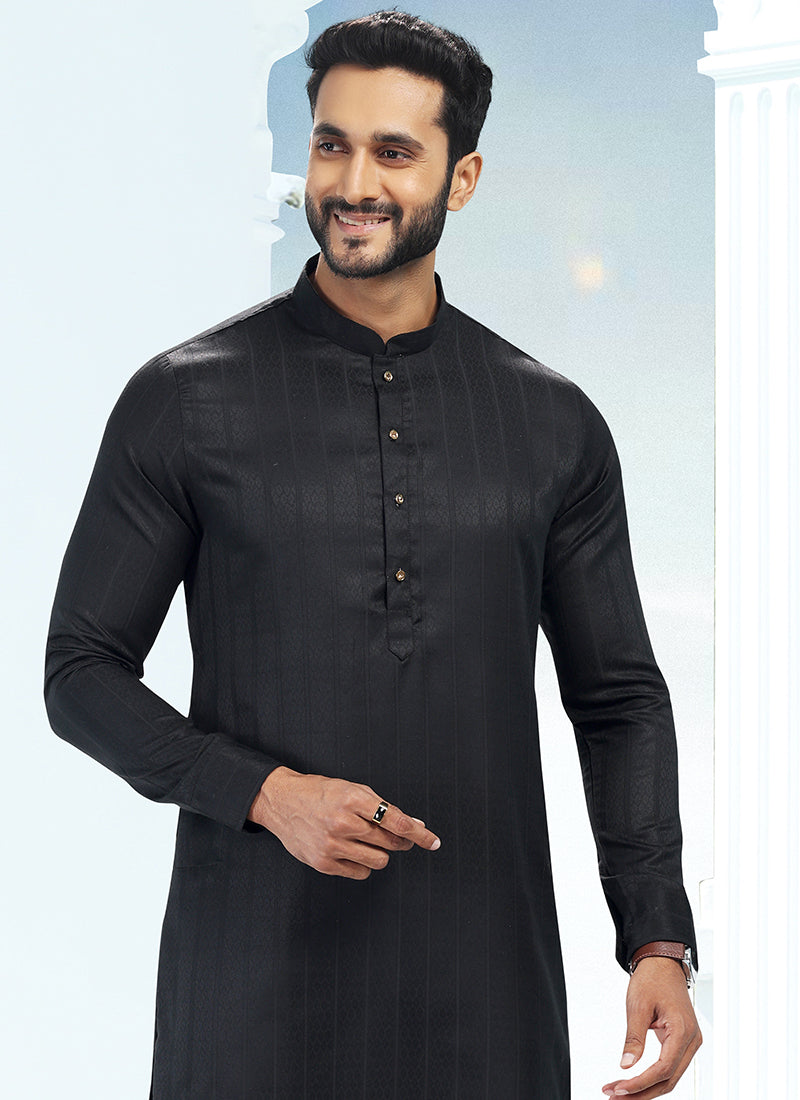 Black Silk Traditional Wear Weaving Kurta Pajama