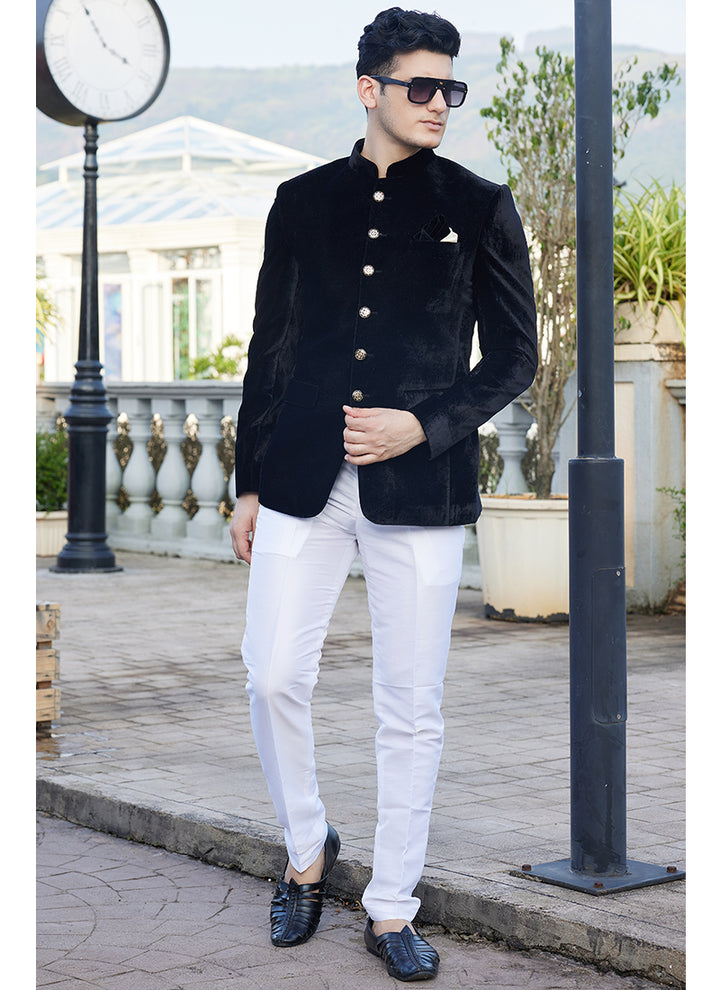 Velvet Black Party Wear Thread Work Readymade Jodhpuri Suit(Top Only)