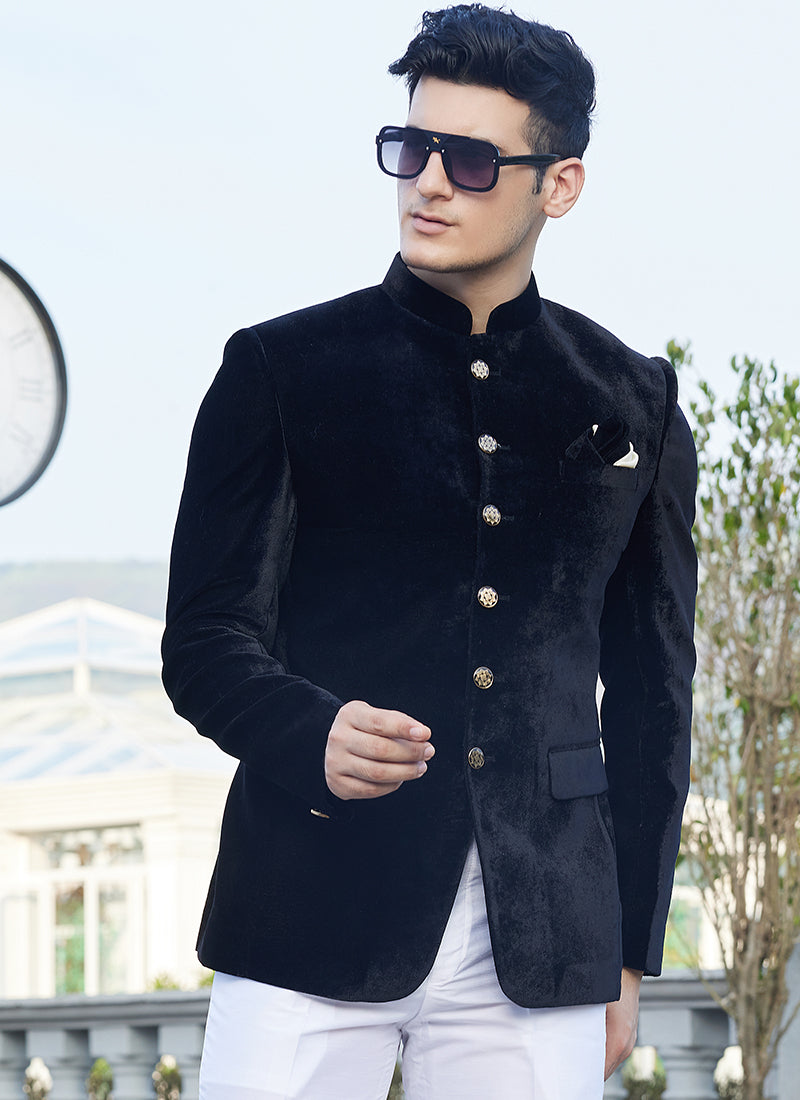 Velvet Black Party Wear Thread Work Readymade Jodhpuri Suit(Top Only)