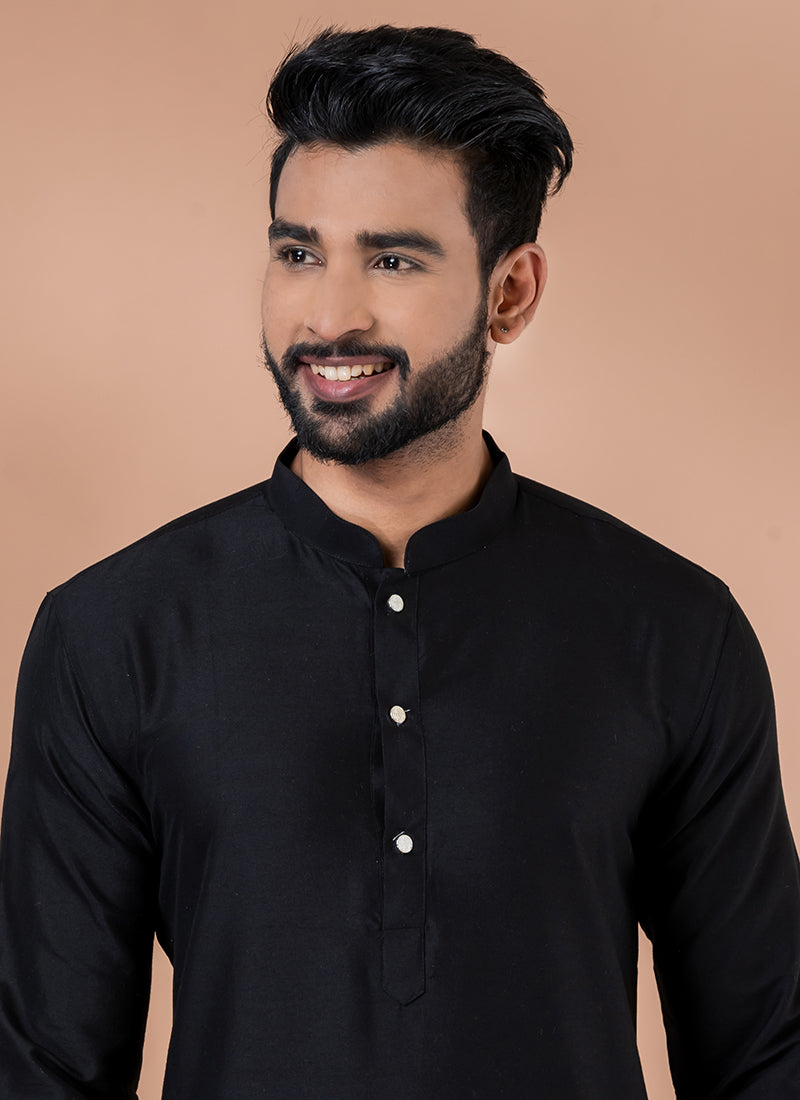 Viscose Black Traditional Wear Plain Kurta Pajama