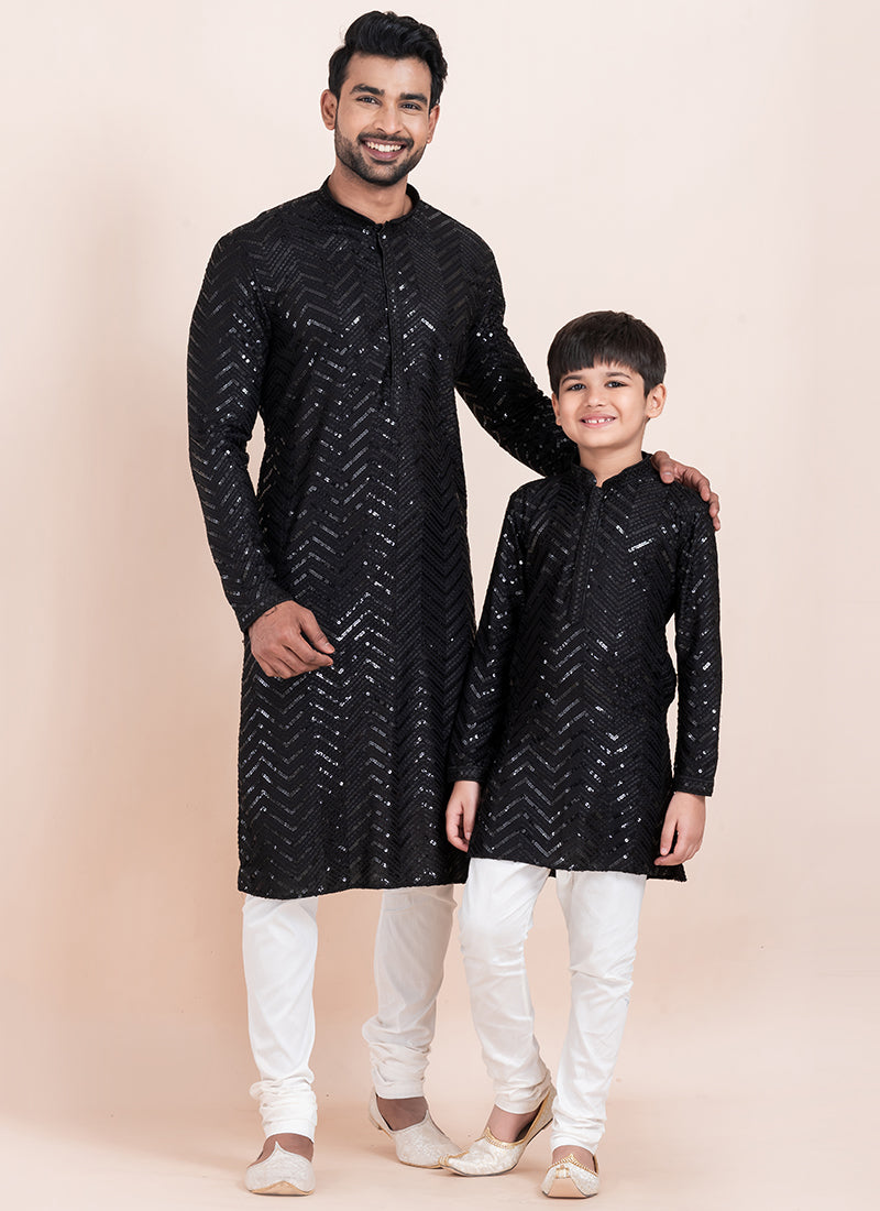 Viscose Rayon Black Eid Wear Sequins Work Readymade Father Son Combo Set
