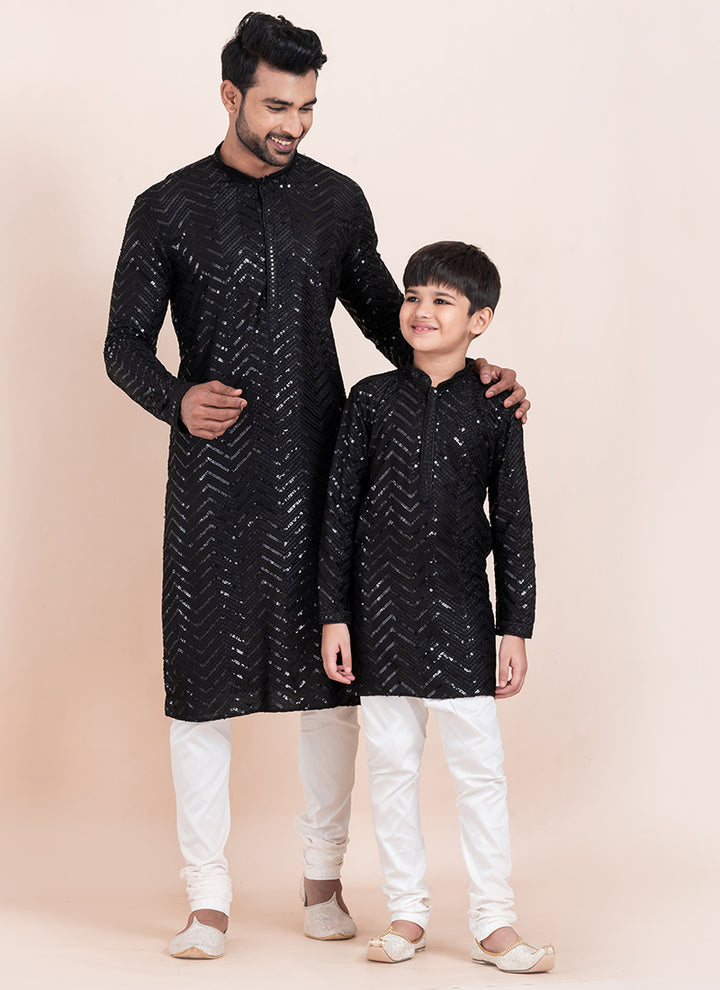 Viscose Rayon Black Eid Wear Sequins Work Readymade Father Son Combo Set