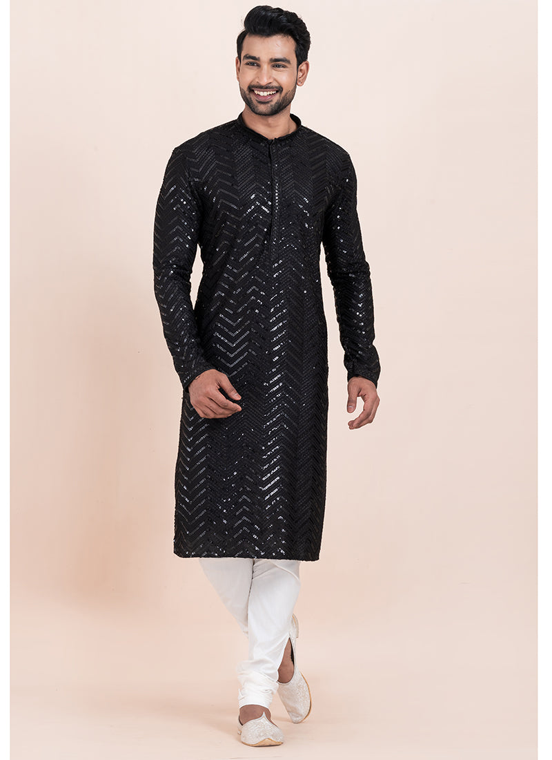 Viscose Rayon Black Eid Wear Sequins Work Readymade Kurta Pajama
