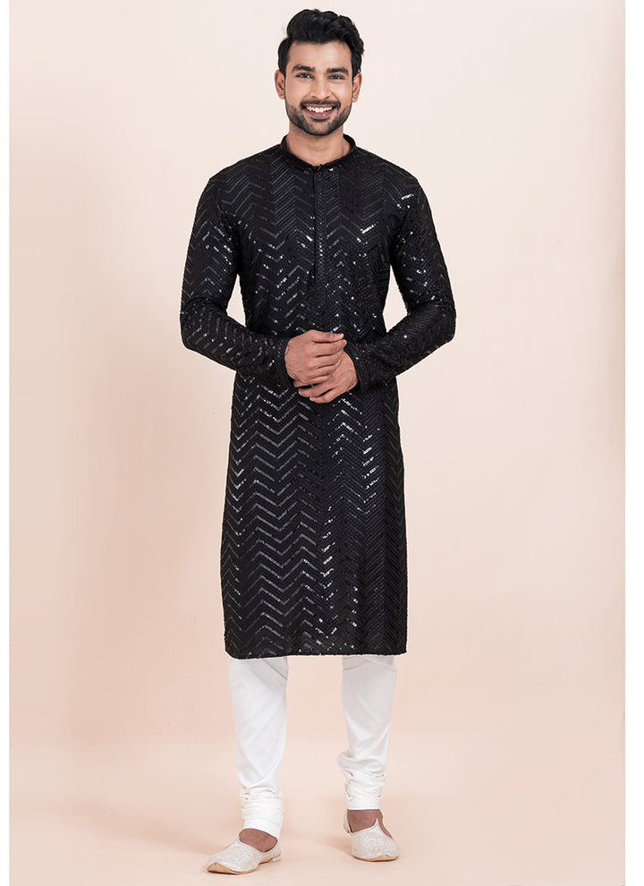 Viscose Rayon Black Eid Wear Sequins Work Readymade Kurta Pajama