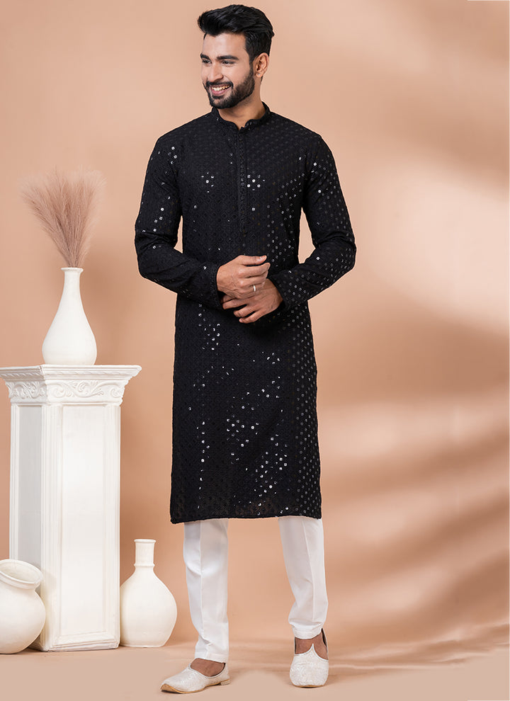 Viscose Rayon Black Festival Wear Embroidery Work Readymade Kurta Pajama