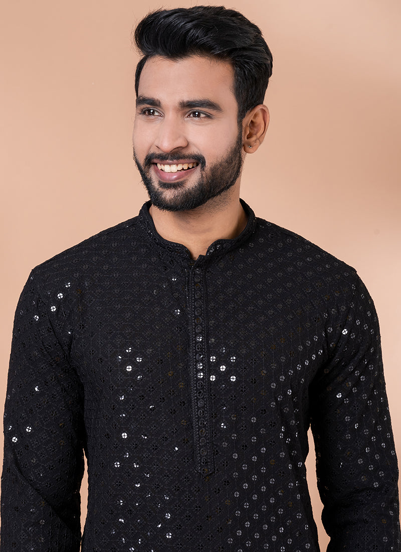 Viscose Rayon Black Festival Wear Embroidery Work Readymade Kurta Pajama