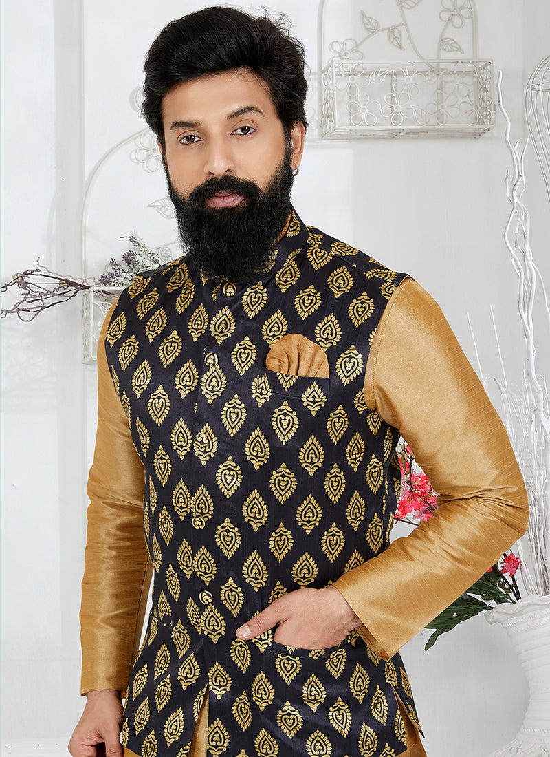 Banarasi Dhupion Black Wedding Wear Banarasi Work Modi Jacket Kurta Pajama