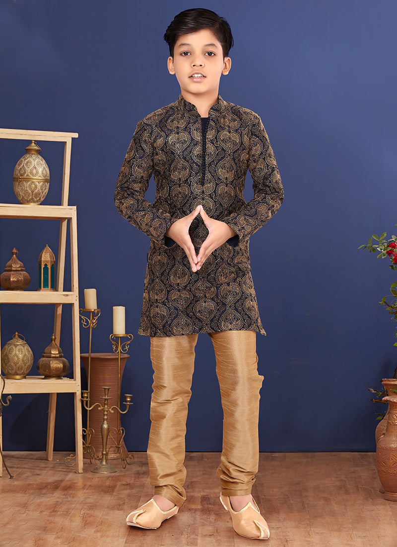 Dhupion Silk Black Yellow Wedding Wear Weaving Readymade Kurta Pajama