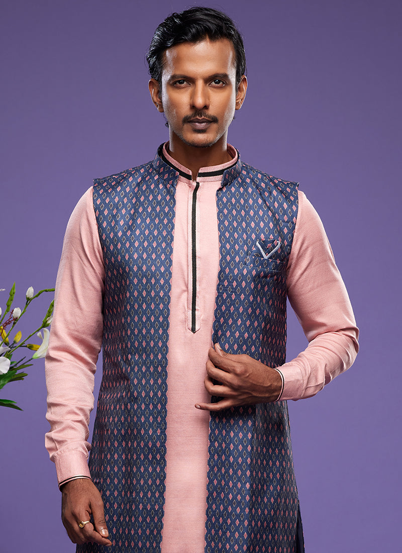 Blue Art Banarasi Silk Festival Wear Digital Printed Kurta Pajama With Jacket