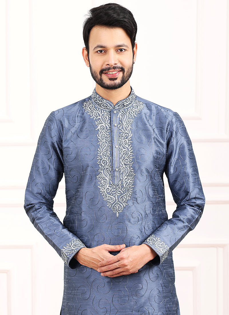 Blue Art Banarasi Silk Festival Wear Thread Work Kurta Pajama