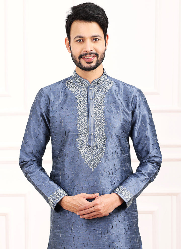 Blue Art Banarasi Silk Festival Wear Thread Work Kurta Pajama