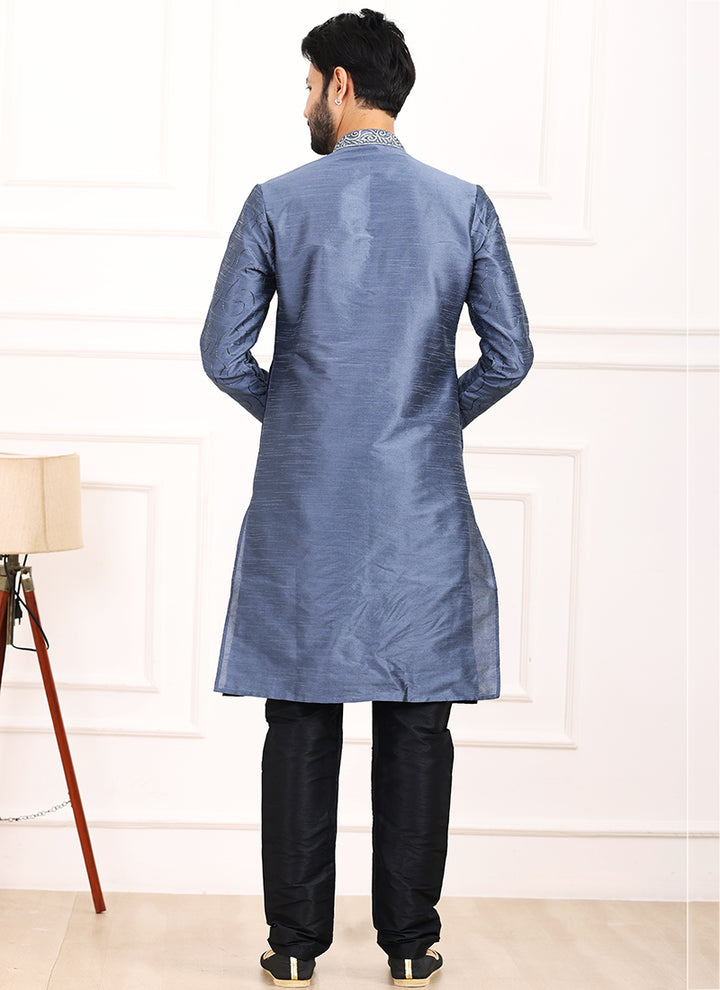 Blue Art Banarasi Silk Festival Wear Thread Work Kurta Pajama