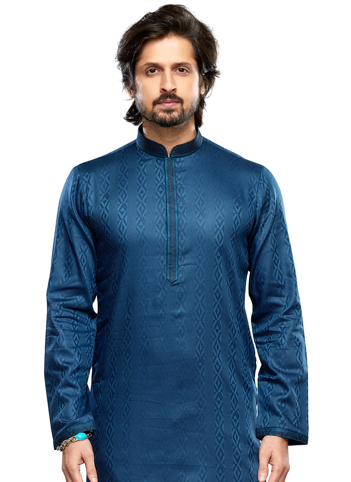 Blue Art Silk Party Wear Thread Work Readymade Mens Kurta Pajama
