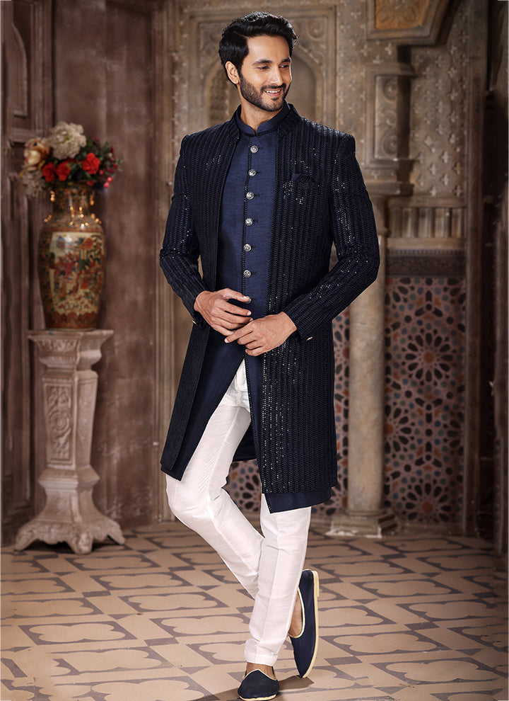 Blue Art Silk Wedding Wear Thread Work Mens Indo Western