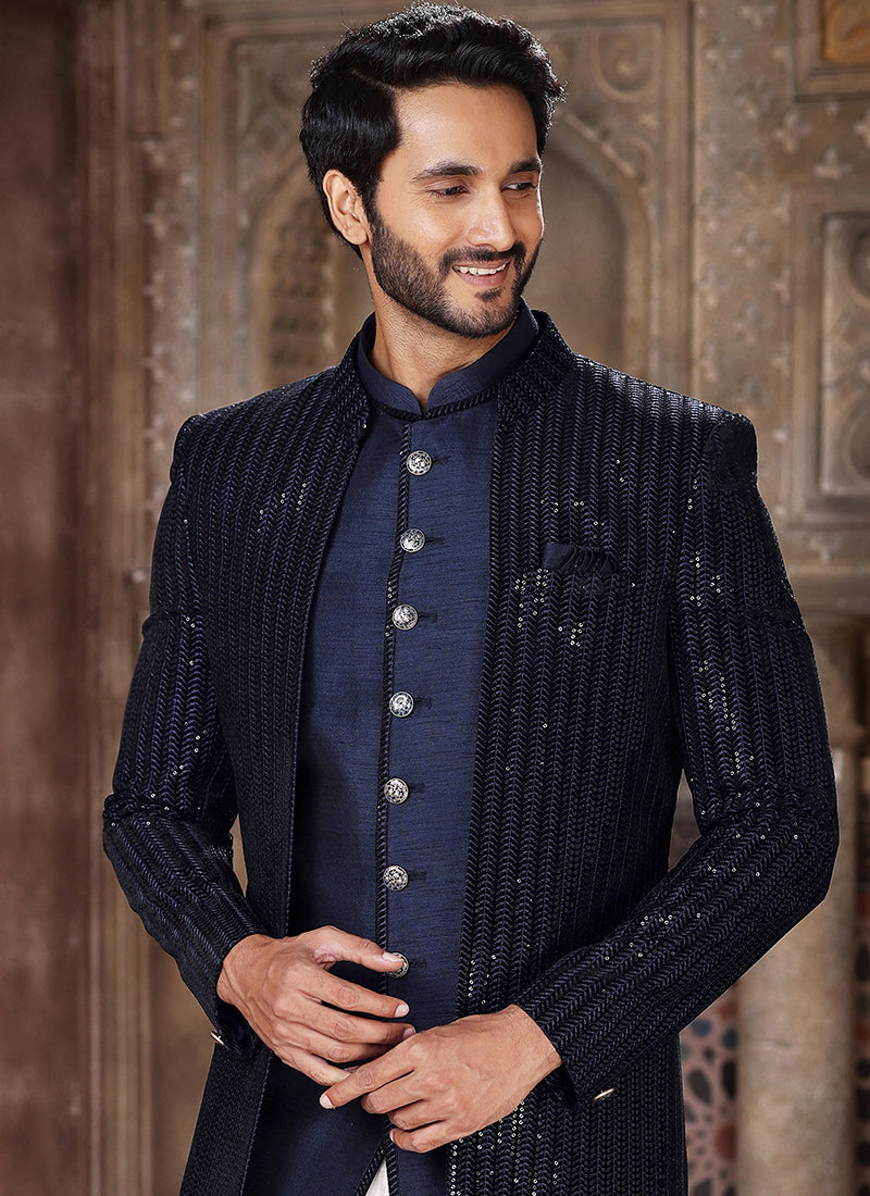 Blue Art Silk Wedding Wear Thread Work Mens Indo Western