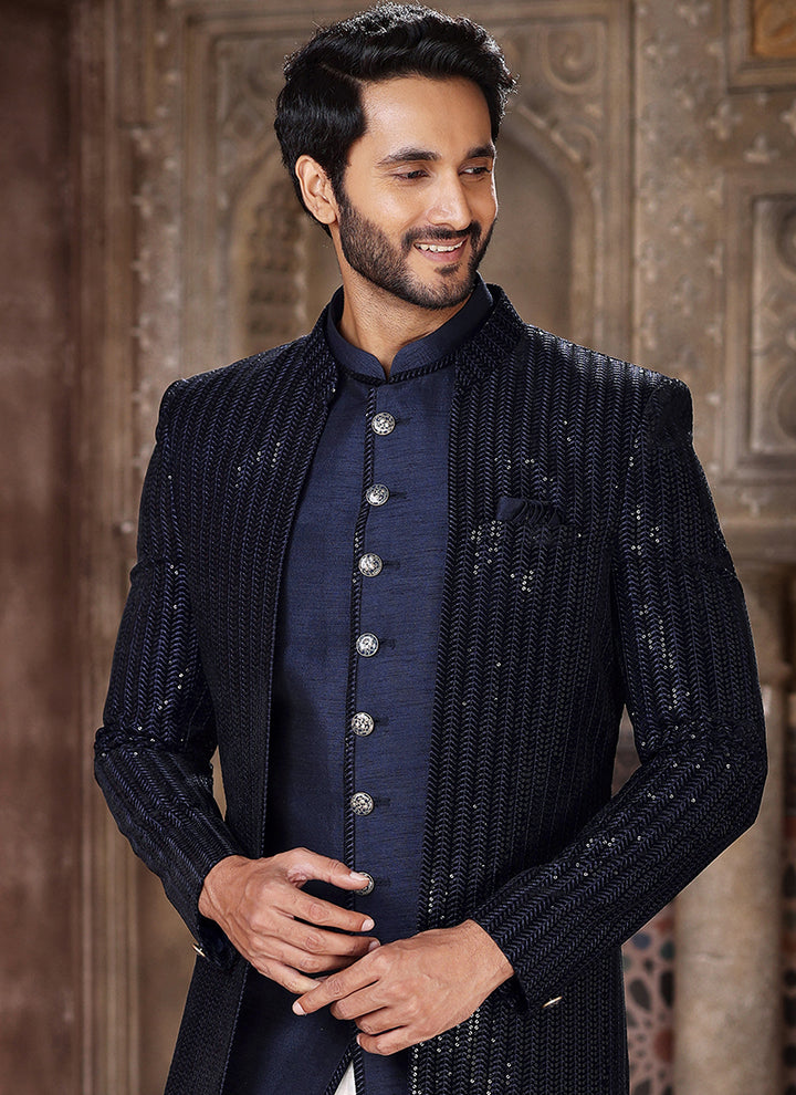 Blue Art Silk Wedding Wear Thread Work Mens Indo Western