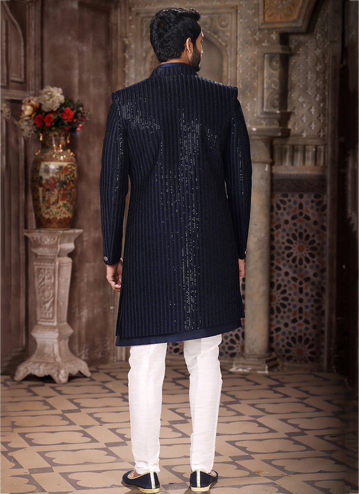 Blue Art Silk Wedding Wear Thread Work Mens Indo Western