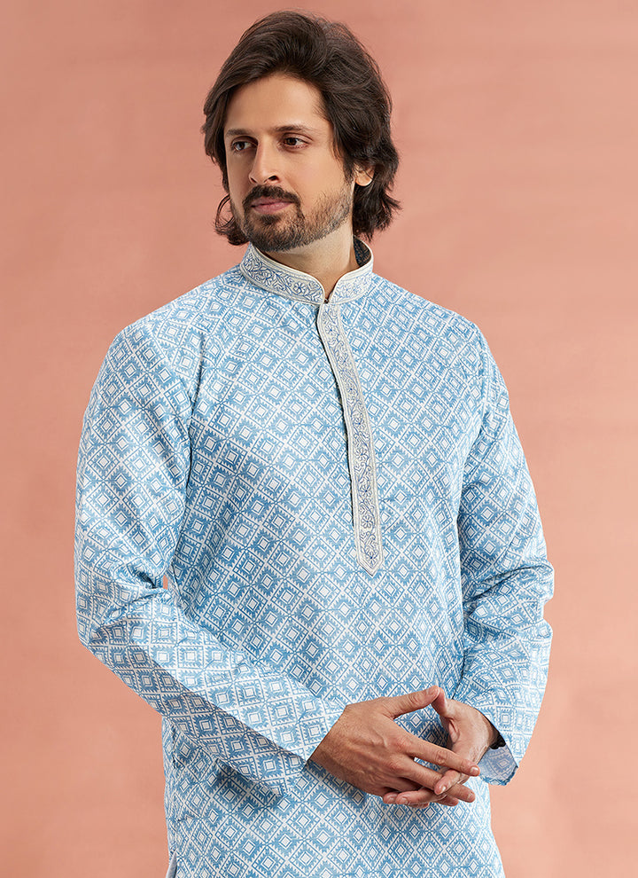 Art Cotton Silk Blue Traditional Wear Thread Work Kurta Pajama