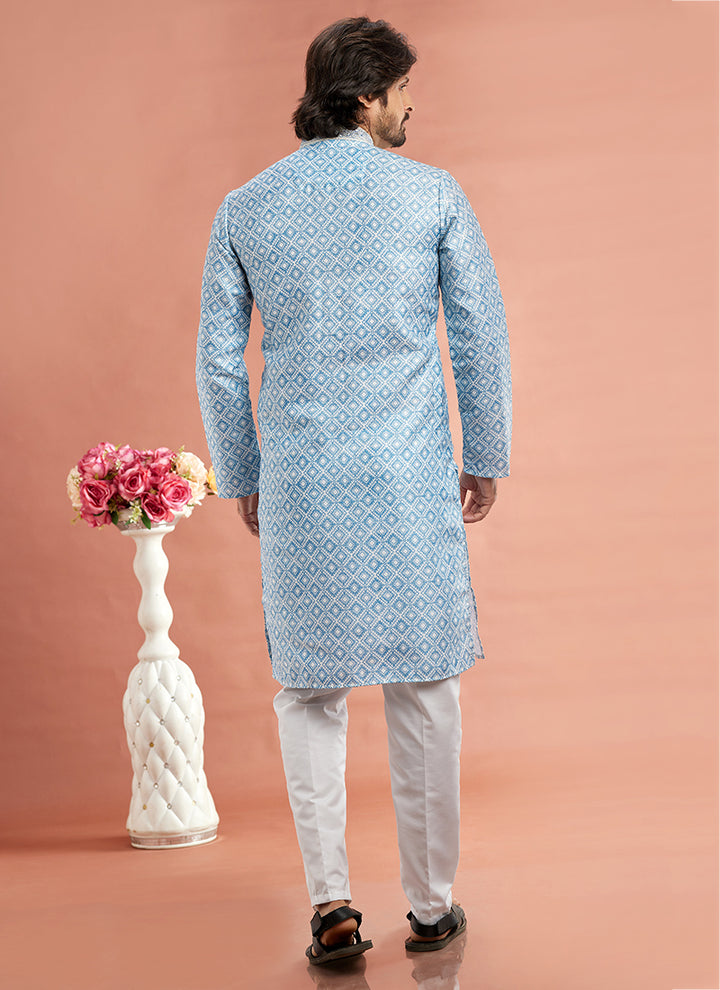 Art Cotton Silk Blue Traditional Wear Thread Work Kurta Pajama